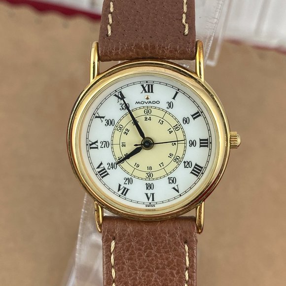 Vintage Movado Gold Dot Watch Roman Numerals Black hands